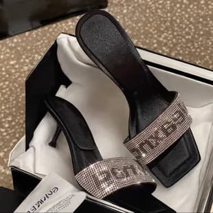 Crystal Letter Slippers Women's Fashionable Versatile 2025 Summer Mid-Heel One-Strap Slide Sandals Thin Heel High Heels