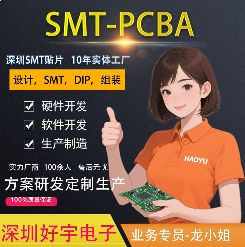 PCBA solution design and development for circuit boards, including prototyping, full-service assembly with materials, DIP plug-in assembly, and SMT processing.
