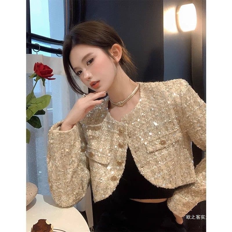 Sparkling sequined Chanel-style short jacket for women, autumn high-end suit vest, elegant and sophisticated blazer top.