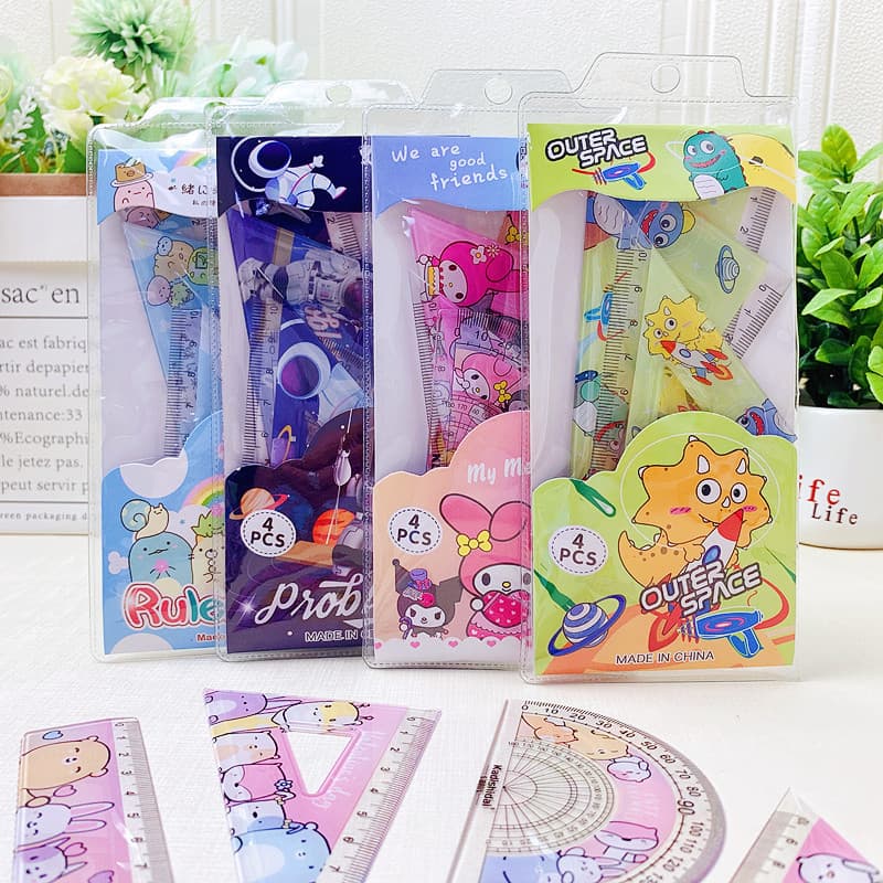 Cute Cartoon 4-Piece Ruler Set Student Card Protractor Triangle Ruler Straight Ruler Children's Stationery Learning Supplies