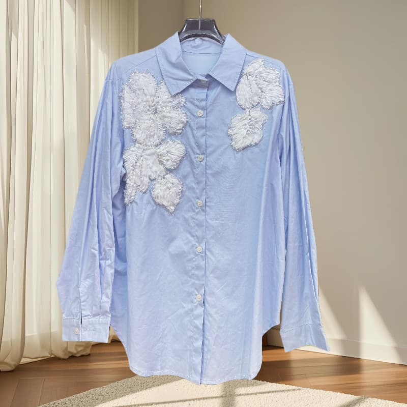 Spring New Arrival European Style Luxury Floral Rhinestone Fashion Casual Shirt