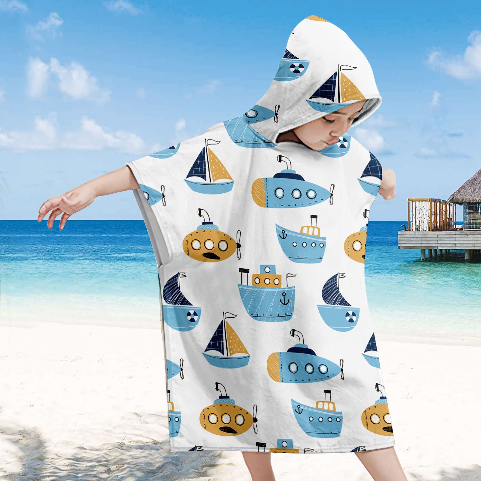 Marine Children's Beach Hooded Cloak, Beach Changing Towel, Swimming Wearable Printed Bath Towel and Bathrobe