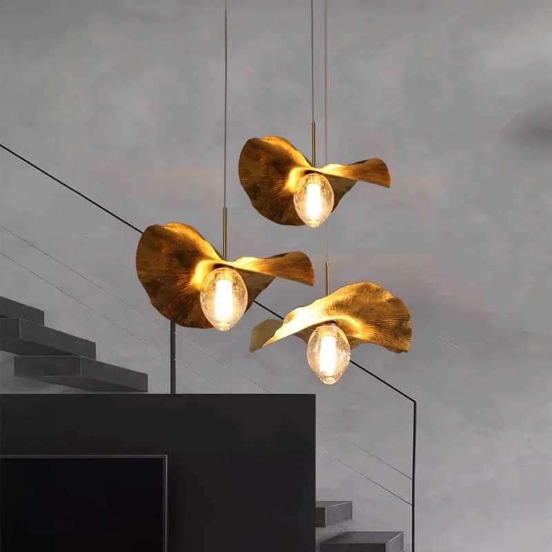 Postmodern Copper Pendant Light Artistic Lotus Leaf Shape Combination Lighting for Guesthouse Hotel Lobby Zen Tea Room Chandelier