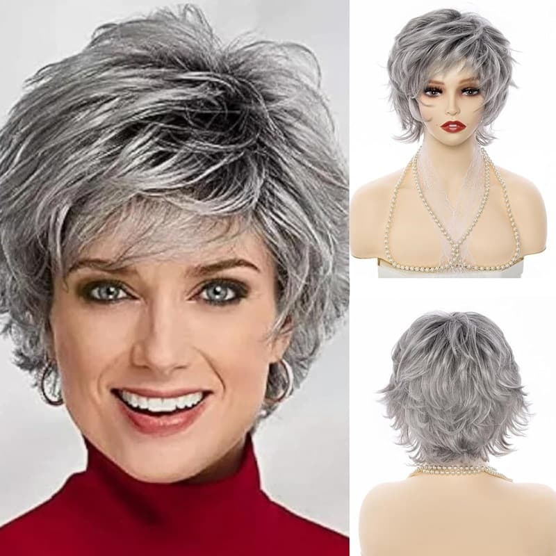 Real Human Hair Full Wig Dark Gray Light Gray Granny Gray Machine-Made No Lace Cross-Border E-commerce Europe America