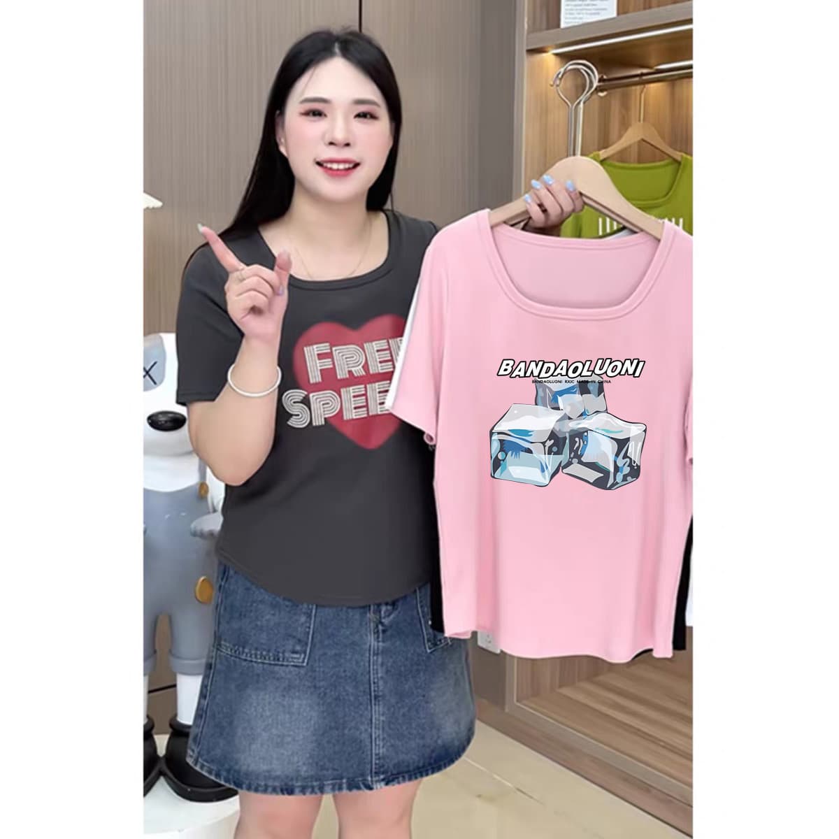 Plus Size Women's Pure Desire Ice Block Printed T-Shirt Summer Young Mothers Wear U-Neck Slim Top