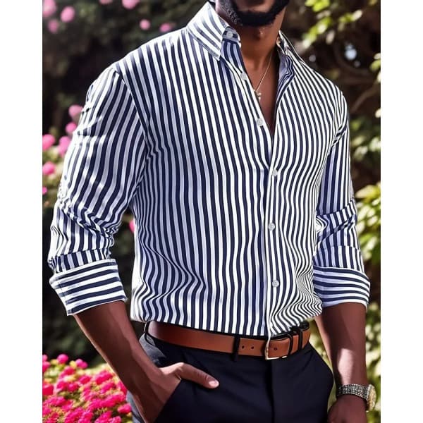 Cross-border European size men's shirt printed striped long-sleeved lapel shirt light mature casual men's cardigan foreign trade wholesale