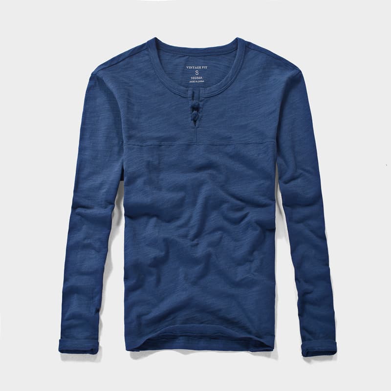 New Arrival Men's Autumn Long Sleeve T-Shirt Round Neck Retro Slim Fit Pure Cotton Button Closure Casual Top