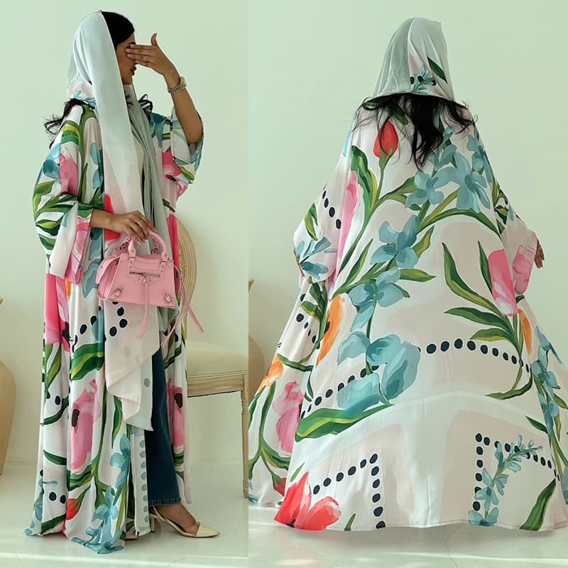 MQ244 modest cross-border women's printed casual loose cardigan new foreign trade fashion women's clothing with headscarf