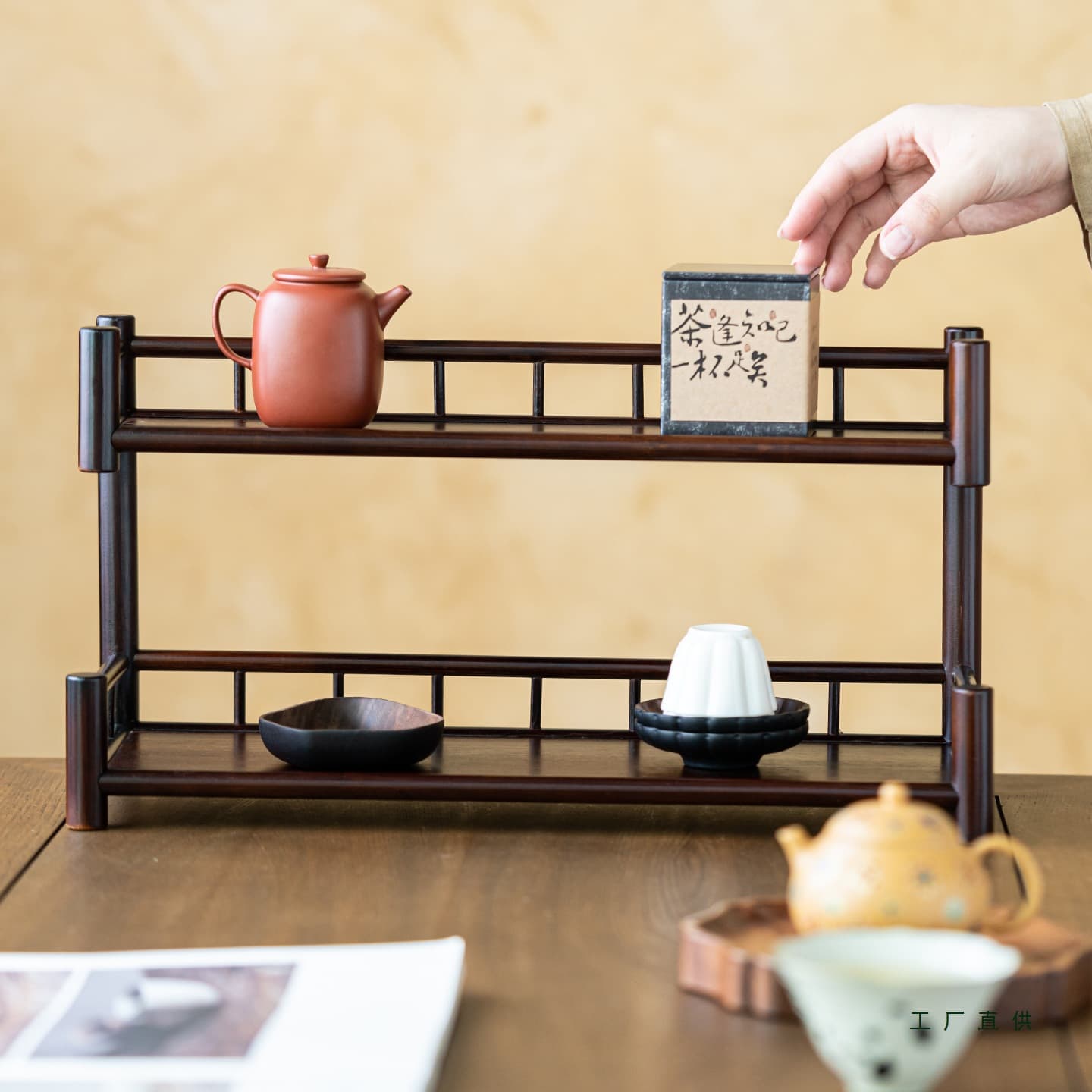Rustic Bamboo Double-layer Tea Cup Storage Rack, Vintage Multi-tier Tea Tray Display Stand for Home Tea Table