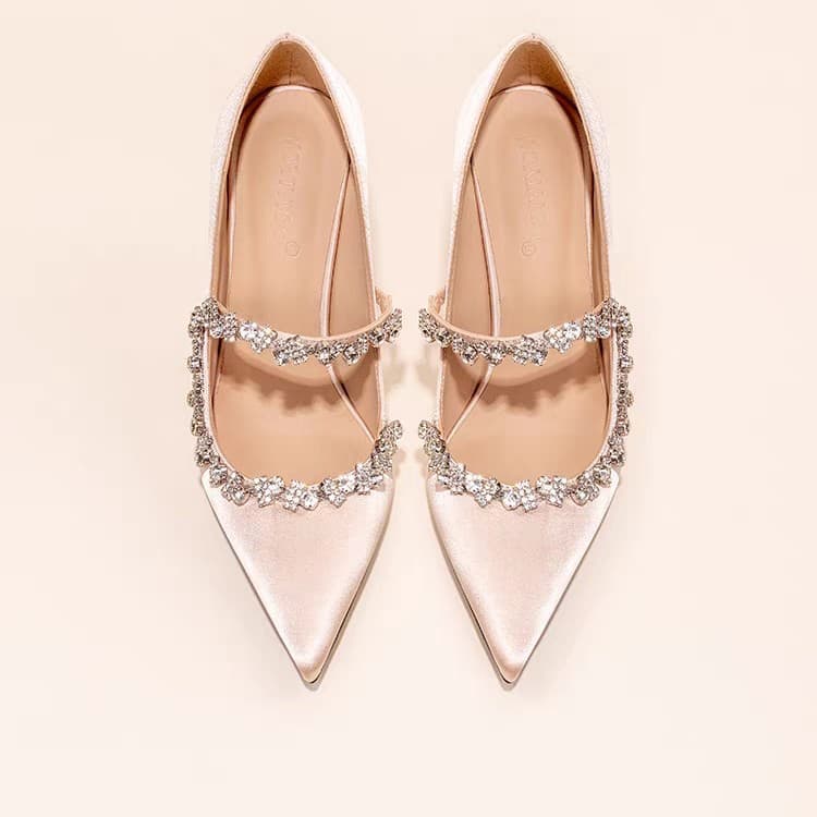 2025 New High Heel Shoes for Women, Chain Detail, Champagne, Stiletto Heel, Pointed Toe, Rhinestone, French Style, Elegant Single Shoes, Bridesmaid Wedding Shoes, Nude Color