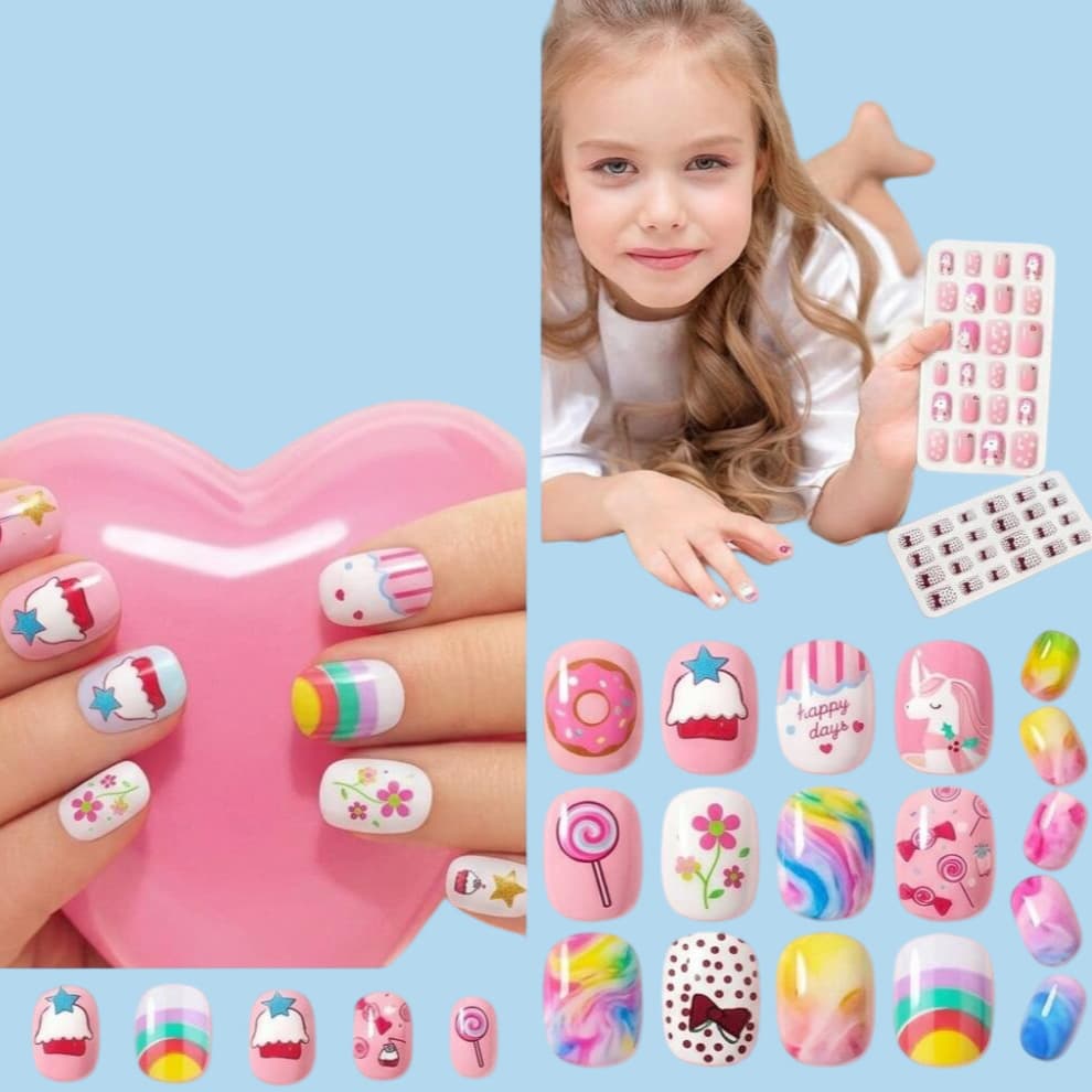 168 Pieces/Box Heart Bow Pink Kids Press-On Nails Cat Cartoon Rainbow Removable Girls Nail Stickers