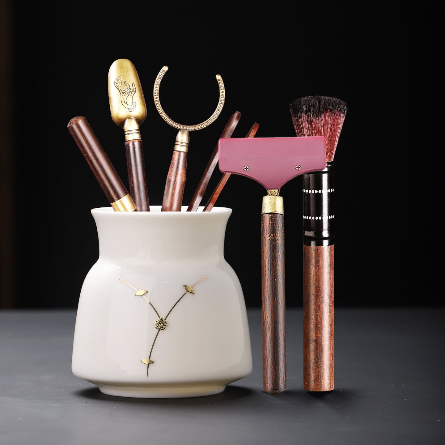 Mutton-fat white porcelain nail-repaired tea ceremony six-piece set, Chinese-style home tea art tools, Kung Fu tea set with solid wood accessories