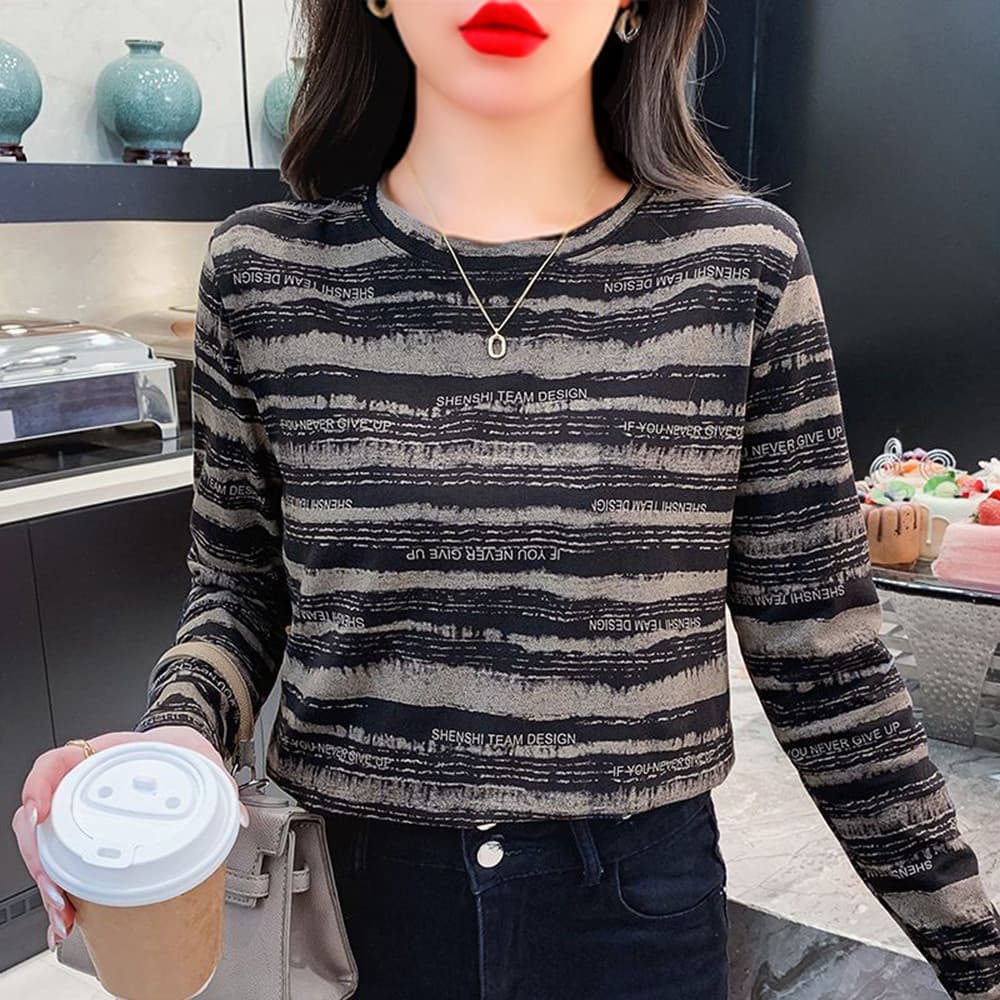 Autumn/Winter New Fashion Round Neck Letter Stripe Print Long-Sleeve Warm Top, Belly-Covering Youthful Stylish Mother's Wear