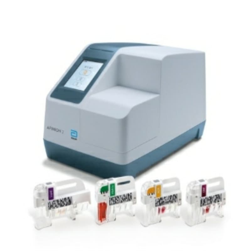 Abbott Afinion™ 2 Analyzer: Compact, rapid, multi-assay capability, automated self-check, no additional calibration needed.