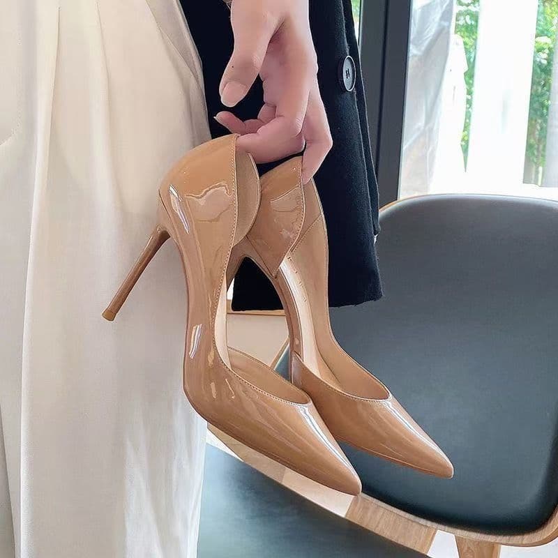 Fashionable and versatile stiletto black pointed toe shallow mouth single shoes 2025 new sexy Korean style fashion side hollow high heels for women