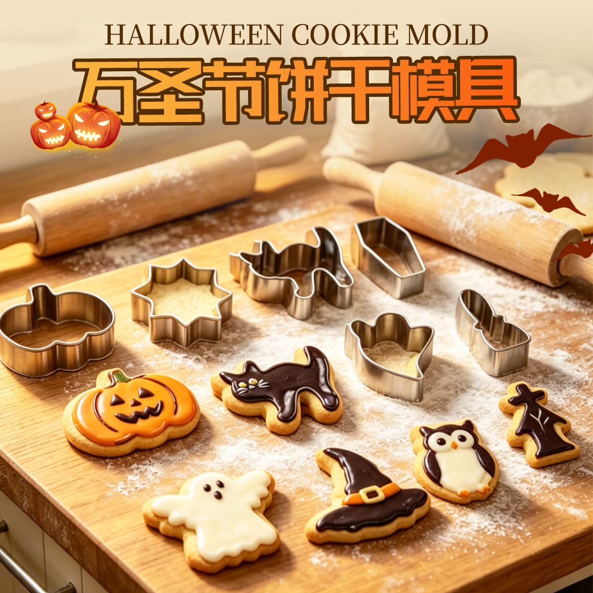 Stainless Steel Halloween Cookie Cutters Pumpkin Bat Owl Cookie Mold DIY Halloween Cookie Mold