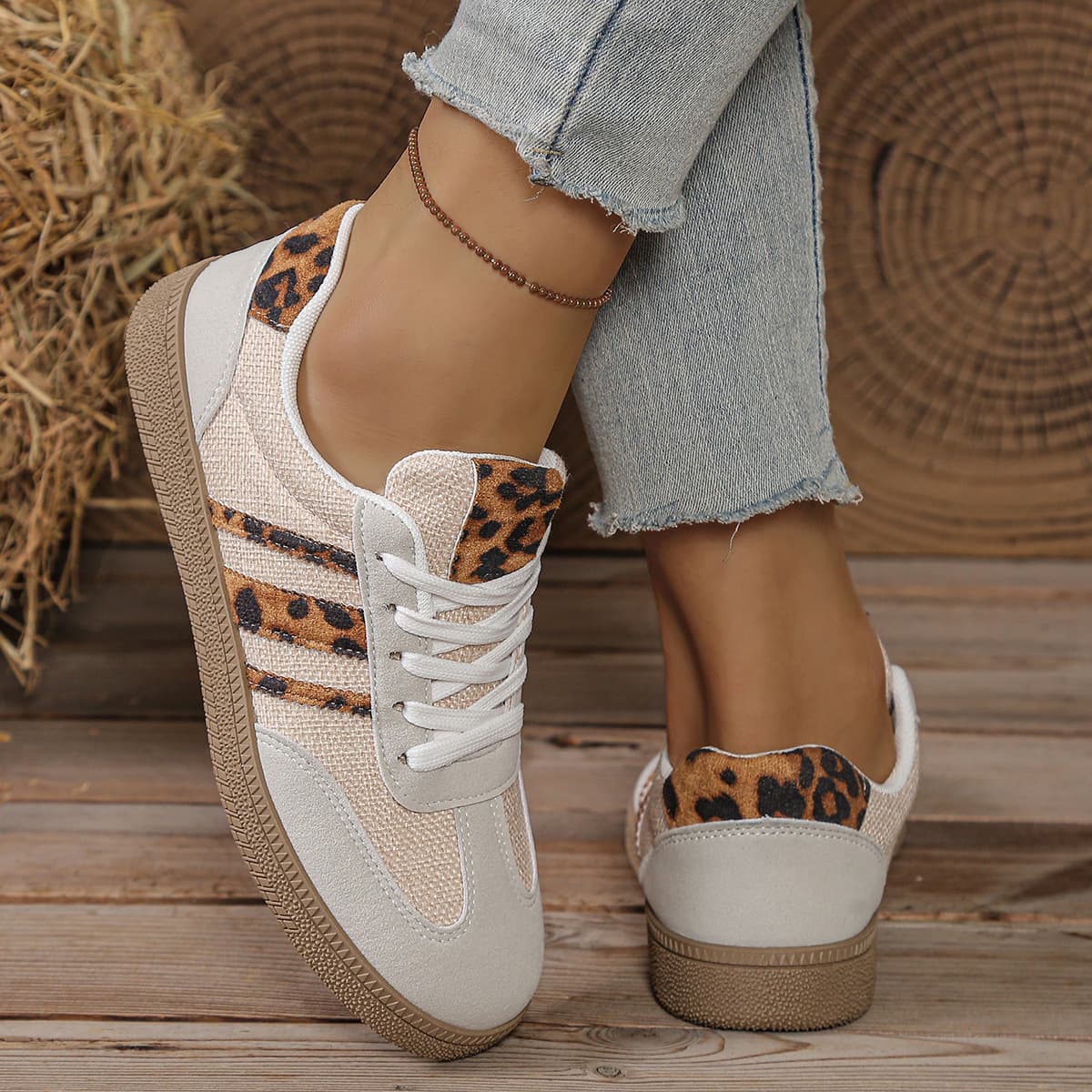 Leopard Print Two-Tone German Training Shoes for Women, Soft Sole Breathable Casual Sports Shoes, Korean Retro Casual Shoes, Plus Size Women's Shoes Wholesale