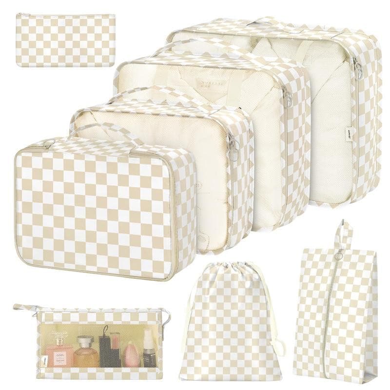 Travel Luggage Organizer Set of 7-8 Pieces for Clothes, Shoes, and Cosmetics, Multi-functional, Unisex, Khaki Plaid
