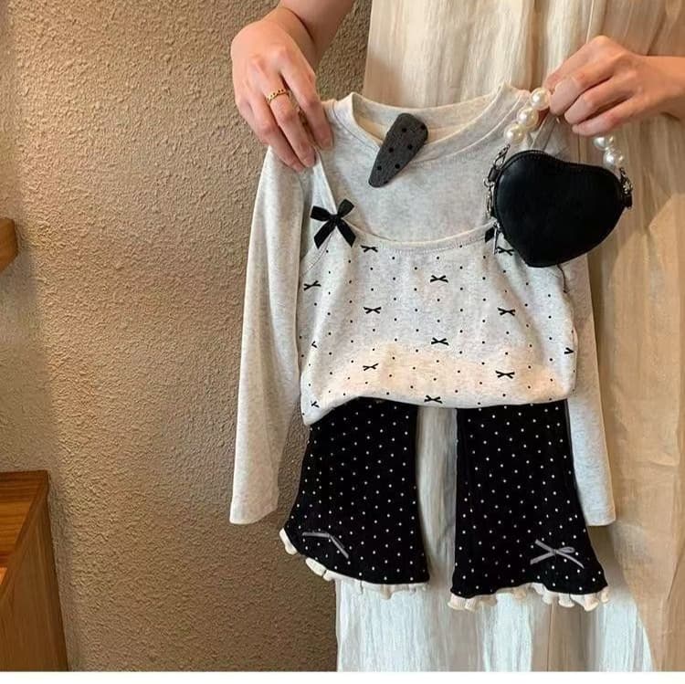 Girls' Autumn Suit, Children's Polka Dot Bow Flare Pants, Baby's Fake Two-piece Long Sleeve Top, Fashionable Style