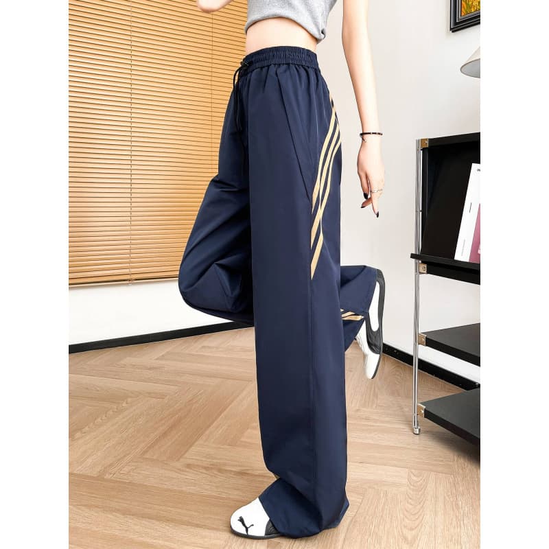 175cm Extended Retro Striped Athletic Casual Pants for Women, Summer Slimming Straight Drawstring Wide-Leg Hiking Pants