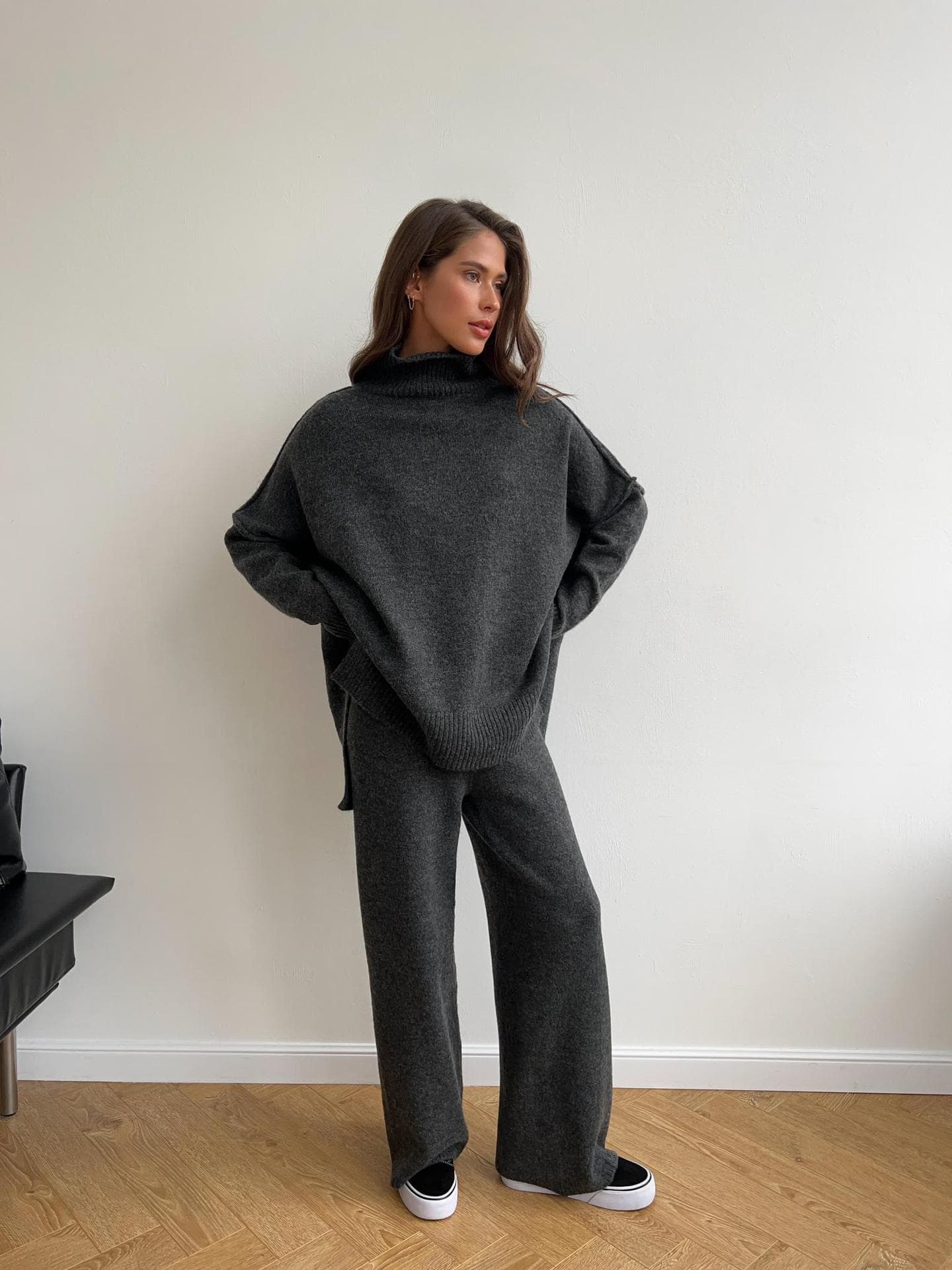 2025 Cross-Border High Neck Split Sweater Set for Women, European and American Loose Casual Lazy Knit Pants Two-Piece Set