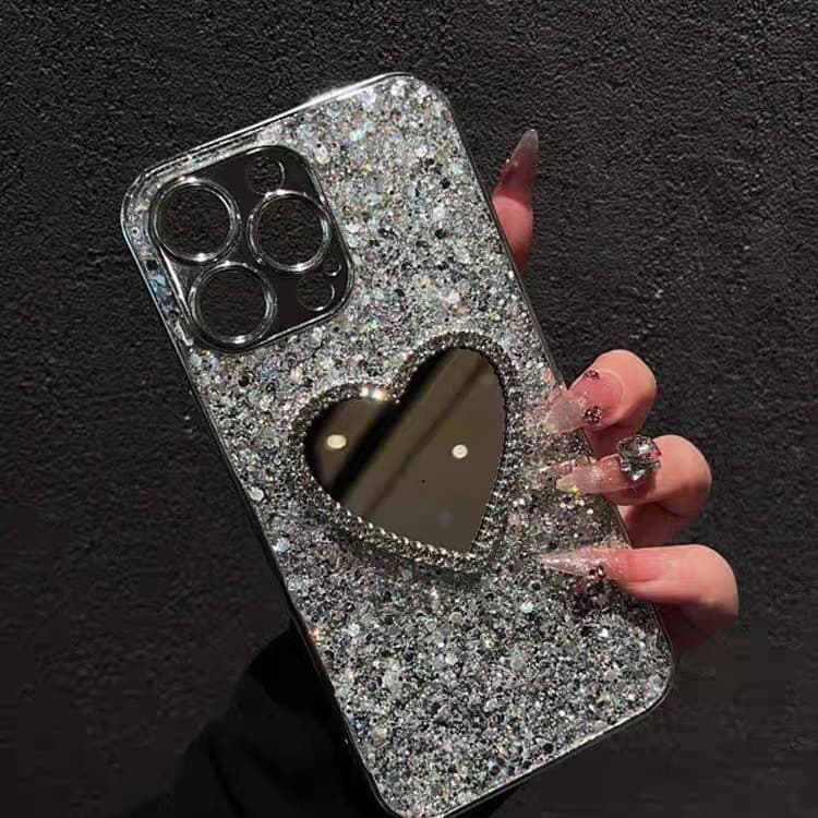 Compatible with Apple 17 Pro Max Phone Case, Electroplated iPhone 14 Heart Mirror 16 Pro Beaded Chain 15/17