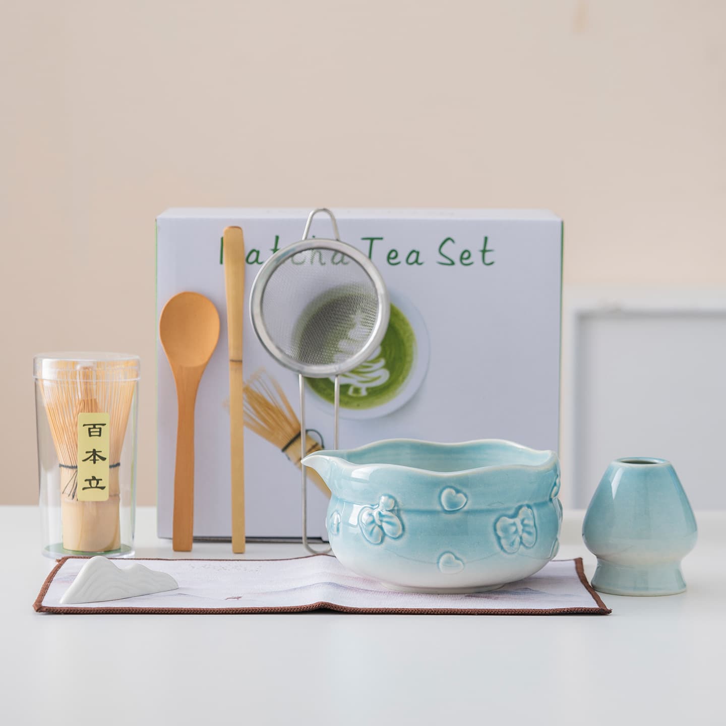 New Bowknot Matcha Bowl, Bamboo Whisk, Tea Towel, Tea Mat, Tea Scoop Matcha Tea Set, Tea Whisking Tools, Cross-Border Tea Ceremony Accessories