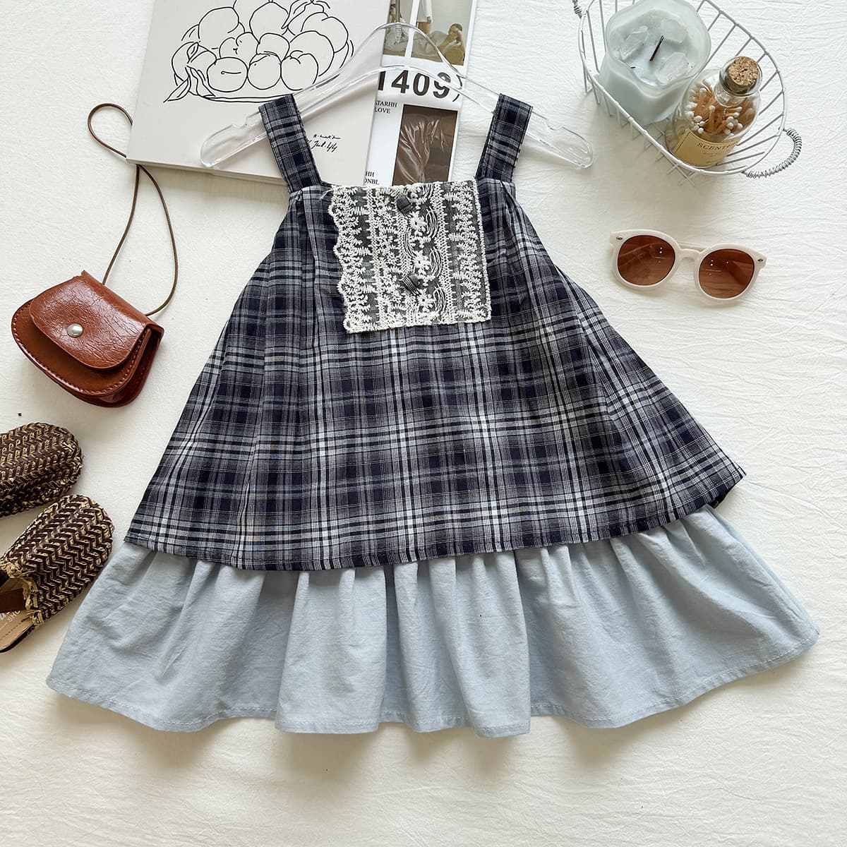 2026 summer new Korean style plaid lace suspender splicing dress baby cute and fashionable children's skirt
