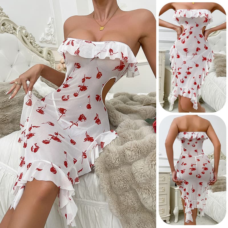 Mufei Cross-border European and American Sexy Strapless Rose Print Mesh Nightgown Ruffle Hollow Bodycon Pencil Dress 783