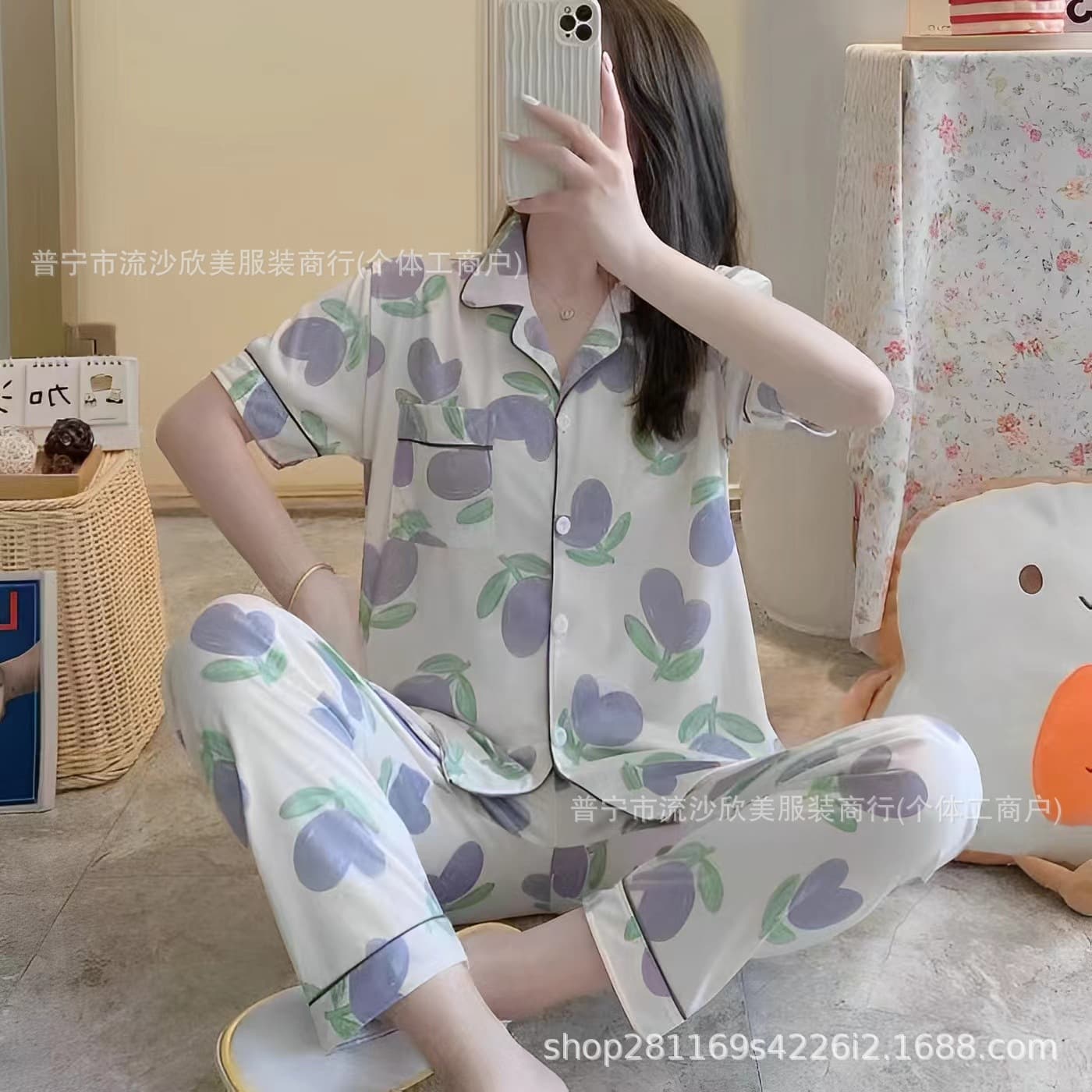 Southeast Asia Women's Pajama Set Short Sleeve Top and Long Pants Autumn Summer Cartoon Open Front Homewear Suit