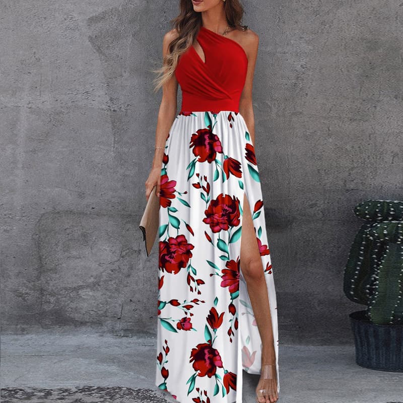 2025 Off-Shoulder Long Dress Elegant Sleeveless Sexy High Waist Slit European and American Dress