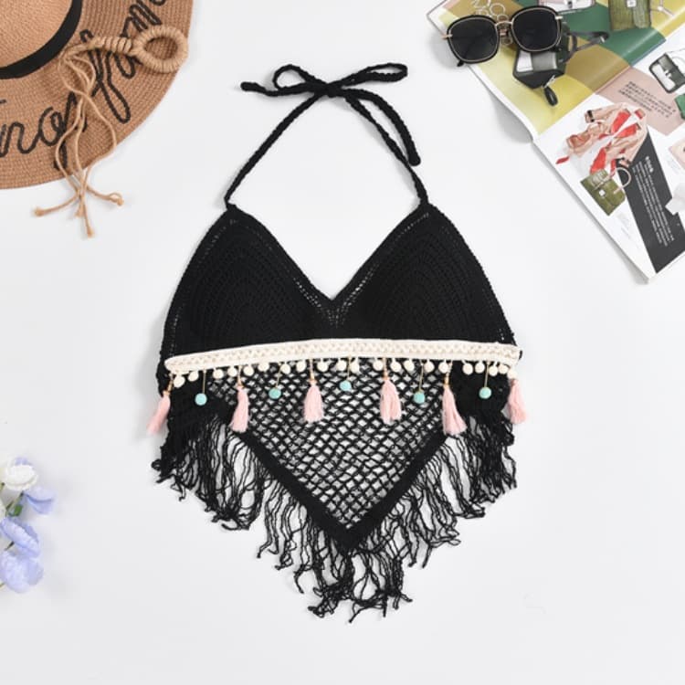 Cutout Swimsuit Top, Bohemian Ethnic Style Embroidered Longline Bralette, Sexy Halter Neck Tie-back Camisole