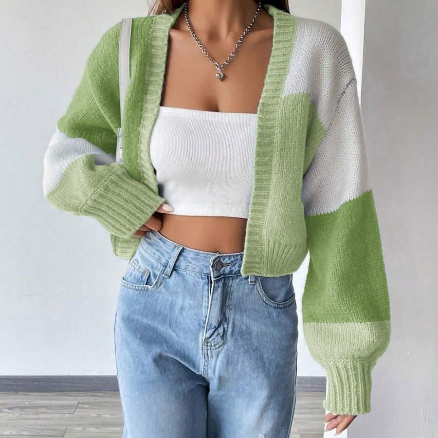 Cross-border women's clothing European and American best-selling niche retro all-match color block sweater casual striped long-sleeved sweater jacket