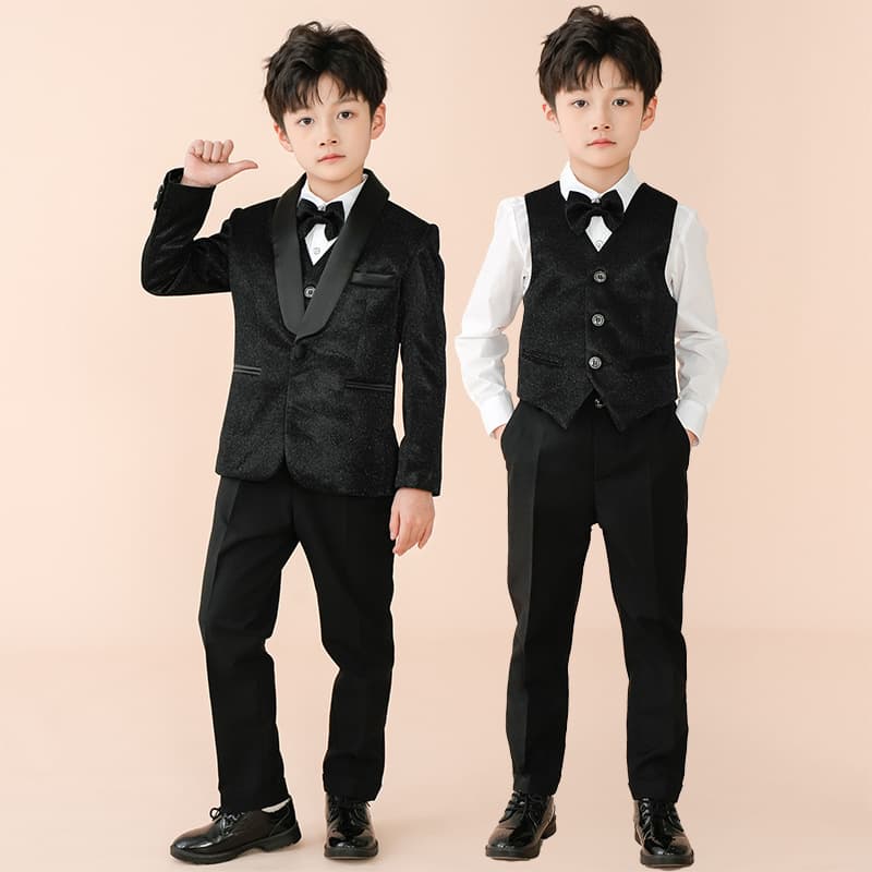 Boys' Suit Set, Child Host Tuxedo, Little Boy's First Birthday Pageant Black Competition Suit for Spring and Autumn