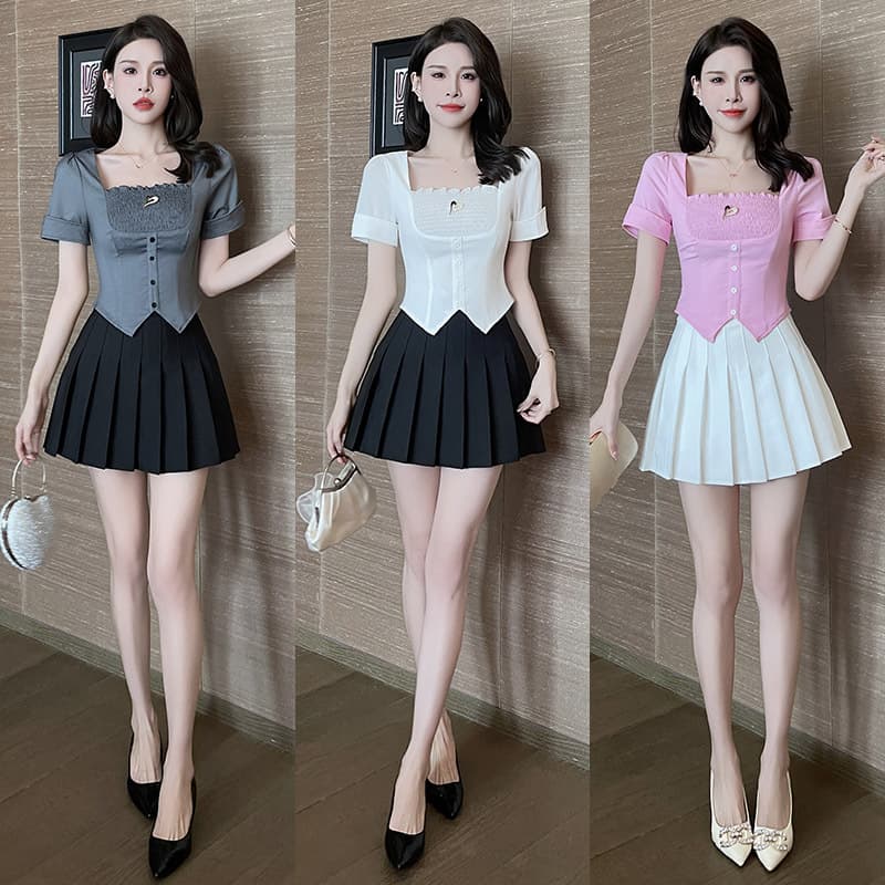 Fashion JK Uniform Set Summer Short-Sleeve Slimming Shirt Women Design Sense Niche Pure Desire Sweet Hot Girl Blouse Pleated Skirt