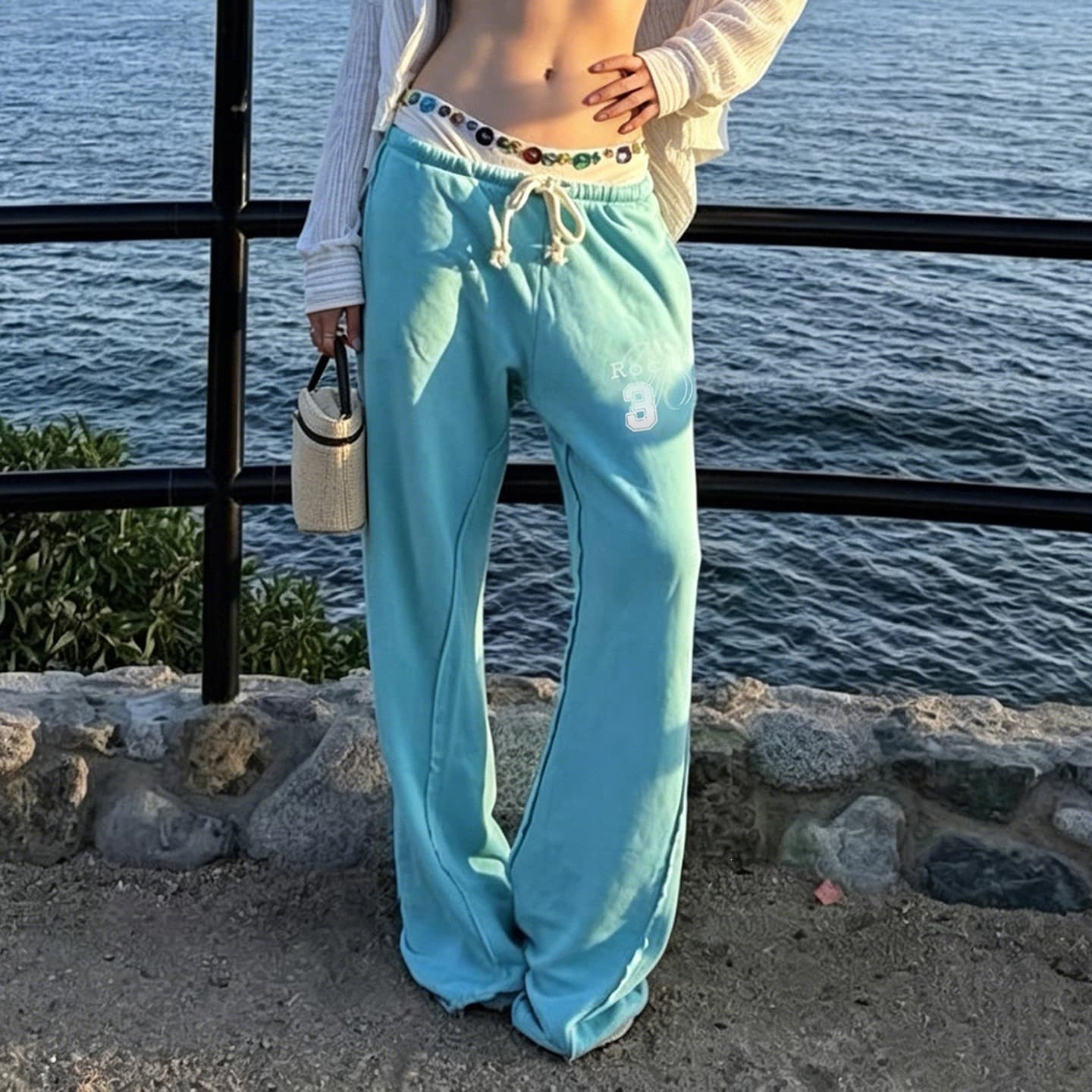 Cross-border American street cool and handsome style low-waisted loose lazy casual sweatpants simple digital printing sports trousers for women