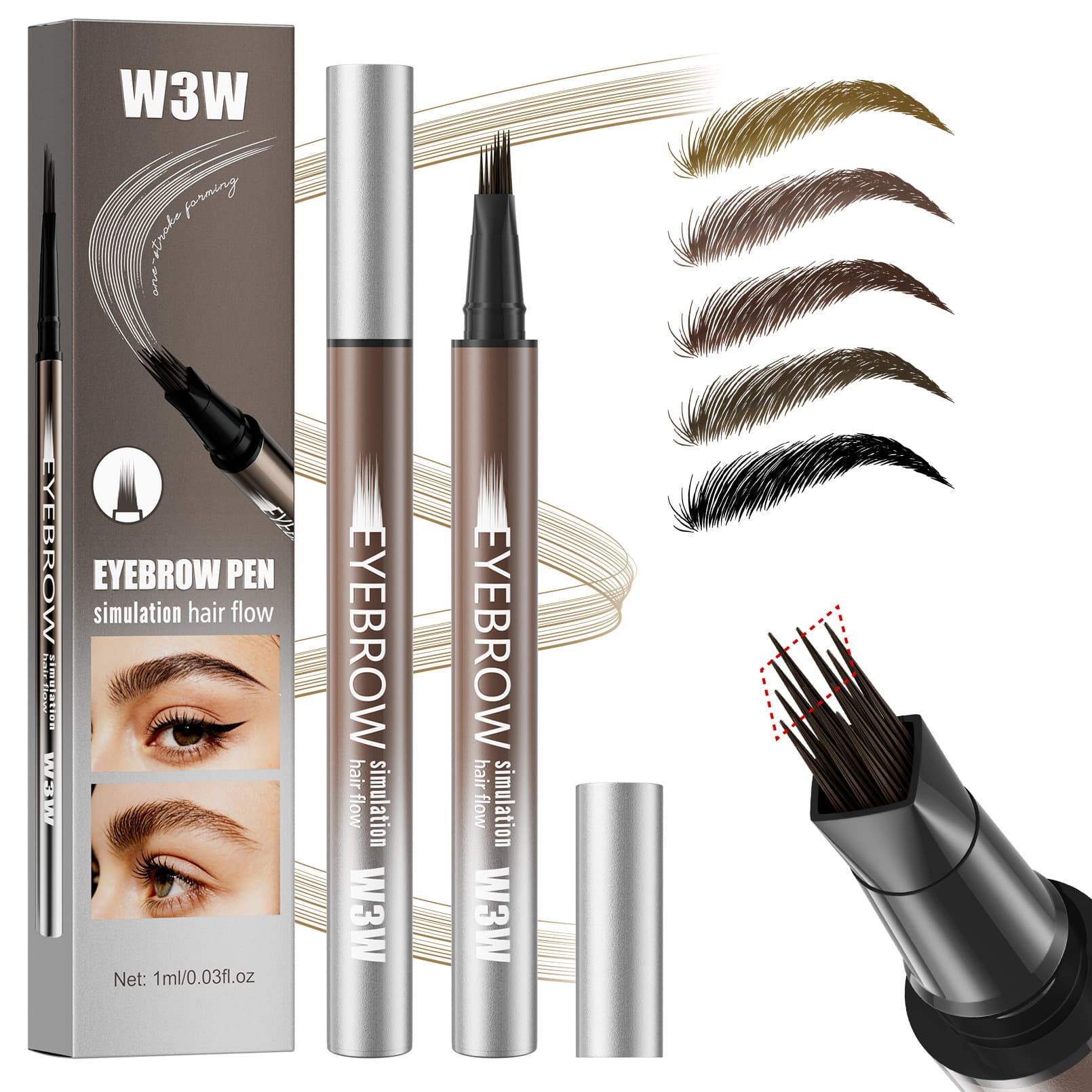 W3W Four-Prong Liquid Eyebrow Pen, Waterproof Smudge-Proof Natural Smooth Multi-Prong Liquid Eyebrow Pencil Cross-Border Makeup