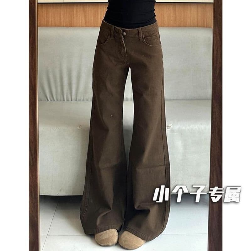 Petite American Retro Brown Flared Jeans for Women, Low-Rise Loose Fit, Slimming Wide-Leg Long Pants for Summer