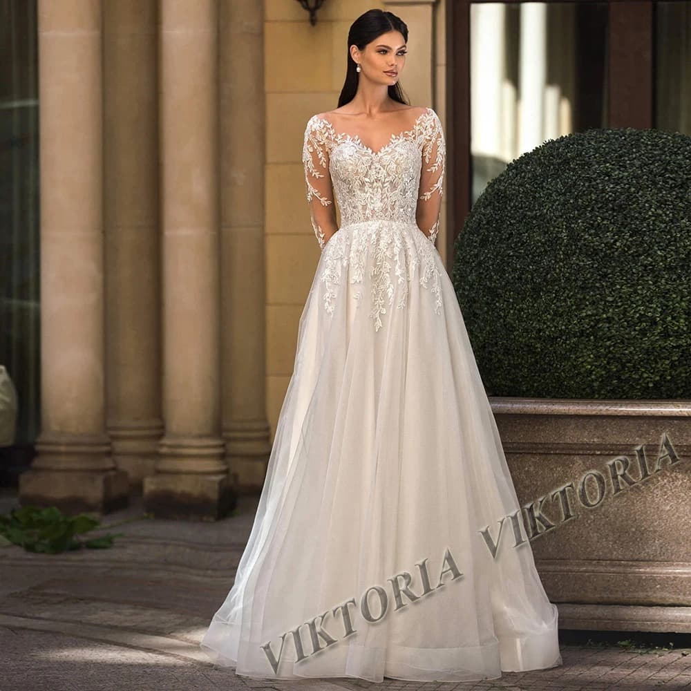 Elegant Amazon Lace Wedding Dress Long Sleeve Light Bridal Gown with Train New White