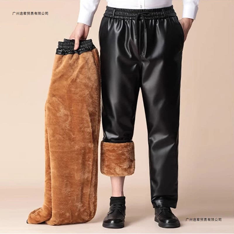 Men's Leather Pants Fleece-Lined Thick Delivery Riding Motorcycle Chauffeur Windproof Waterproof Warm Men's Cotton Pants Plus Size