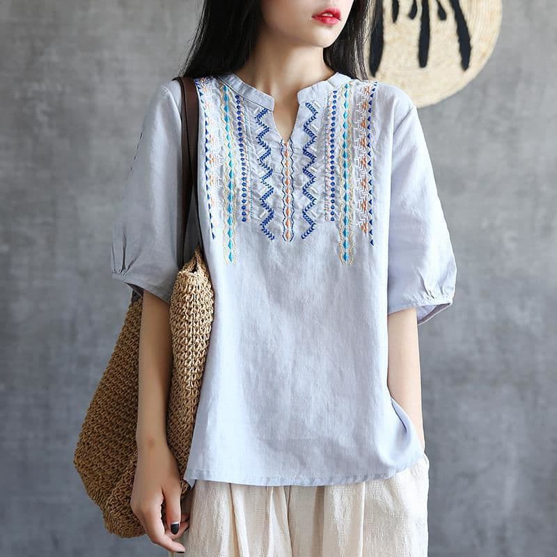 Simple Embroidered Loose Artistic Small V-Neck Slub Cotton Top Women's Summer Versatile Retro Cotton Linen Short Sleeve T-Shirt
