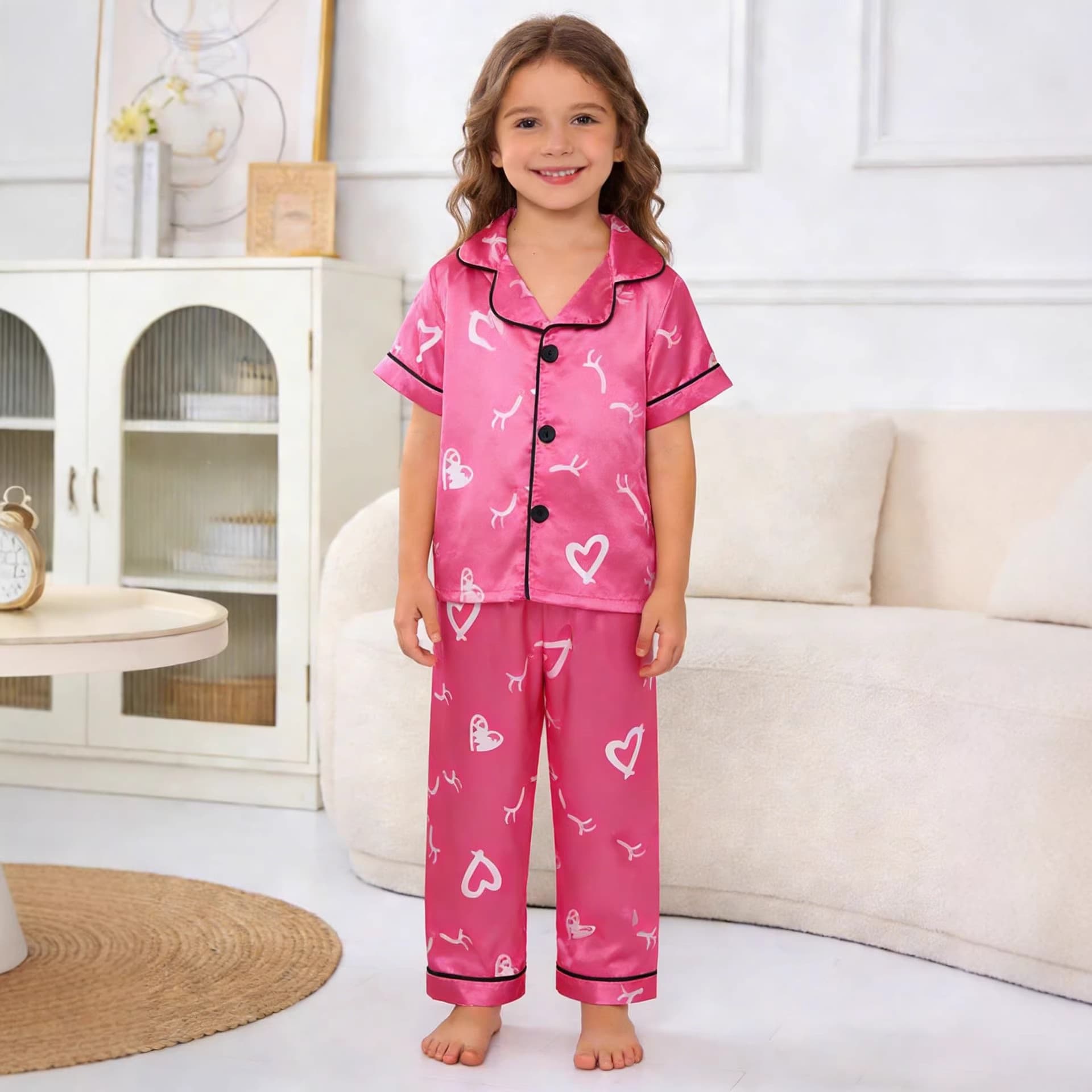 Rose Red Girls' Set Ice Silk Pajamas, Imitation Silk Children's Homewear, Kids' Indoor Air Conditioning Outfit