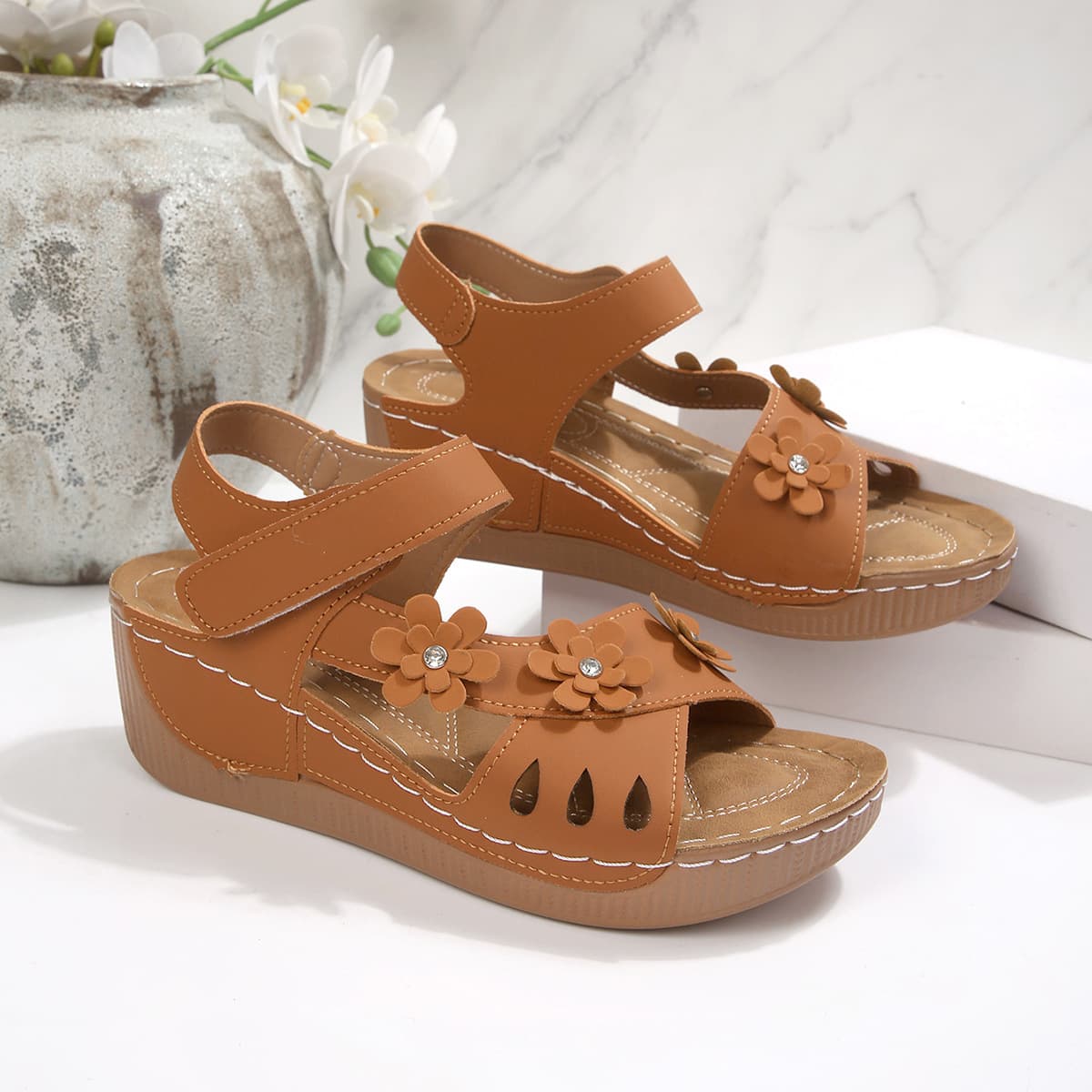 Large Size Wedge Heel Sandals Women 2026 Summer European American New Hollow Flower Thick Sole One-strap Beach Sandals Women's Sandals