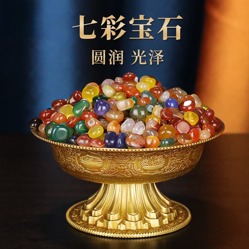 Tibetan-style Buddhist Practice Mandala Plate with Seven Gemstones, Zan Treasure Vase, Colored Natural Agate and Crystal Gems in Various Sizes