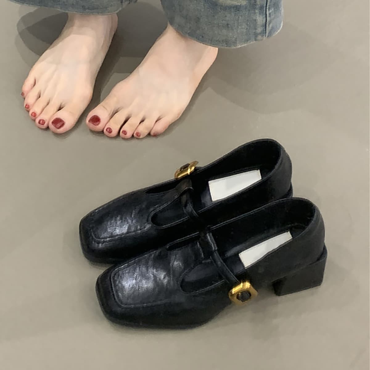 Sheepskin Version ~ Retro Square Toe Elegant High Heel Mary Jane Shoes, Shallow Mouth One-Strap Buckle Chunky Heel Commuter High Heels for Women