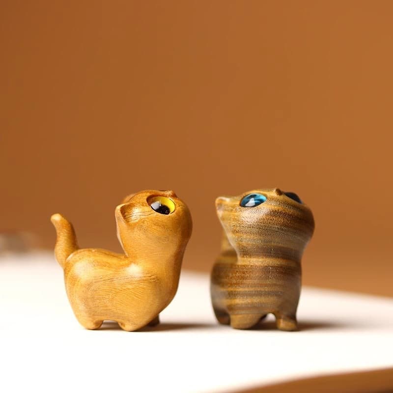 Green Sandalwood Carving Curious Cat Animal Creative Wooden Cute Kitty Hand Plaything Birthday Small Gift Present