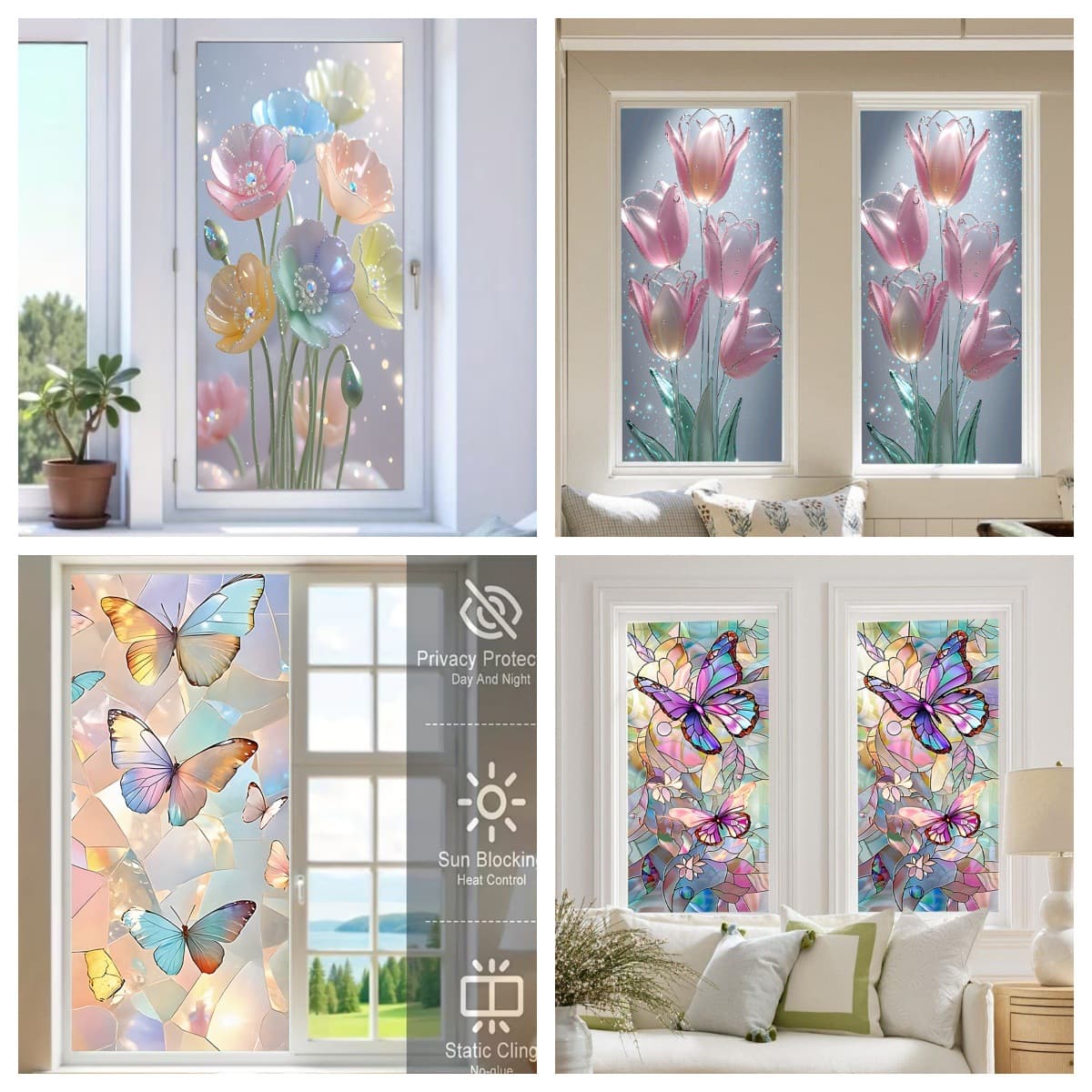 Butterfly Floral Art Painted Frosted Film, No Glue, Eco-Friendly, Easy to Peel, Dreamy Creative Decorative Sticker for Living Room and Bedroom