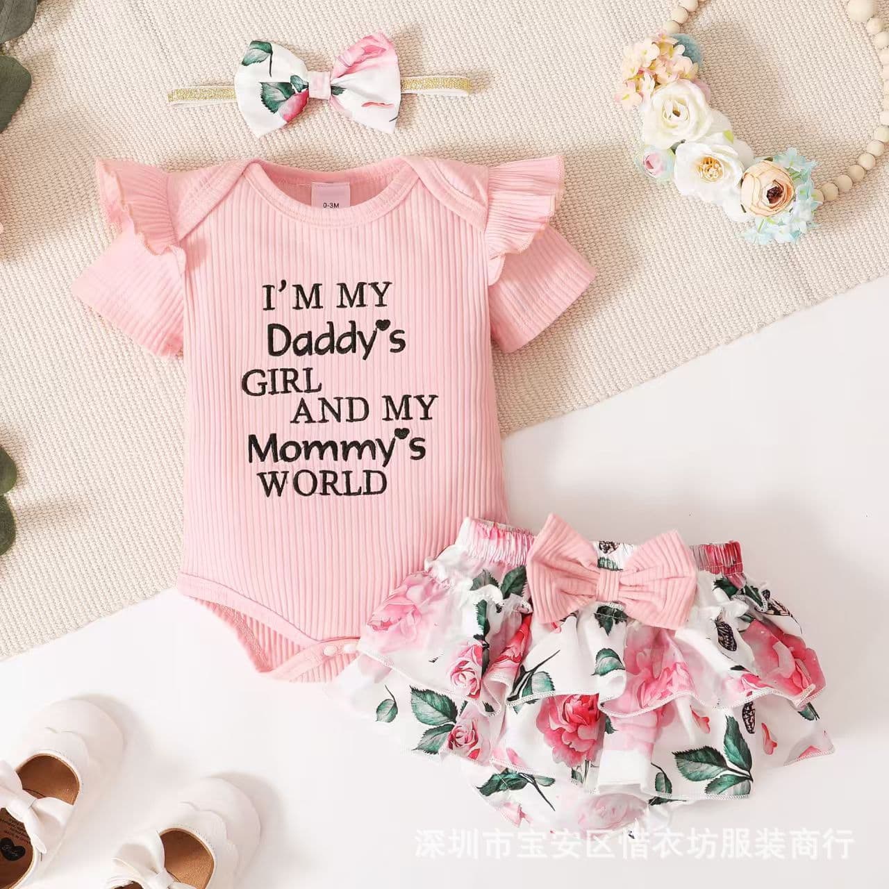 Cross-Border Infant Short-Sleeve Bodysuit Summer Baby Girl Letter Embroidered Top Floral Skirt Bow Set