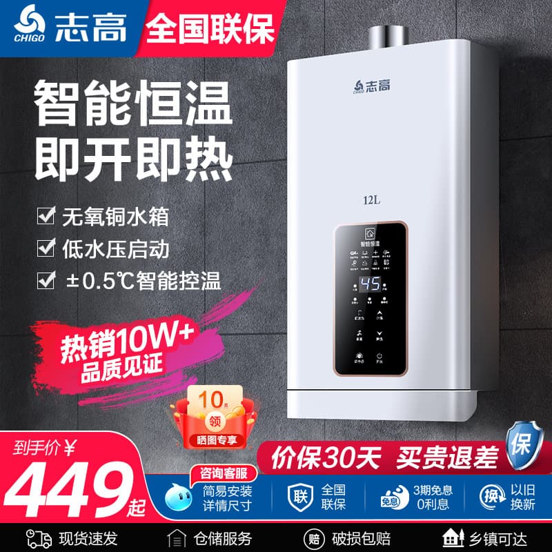 Gas Water Heater for Home Use, 12L Constant Temperature Natural Gas, LPG Forced Exhaust Balanced Type Zero Cold Water