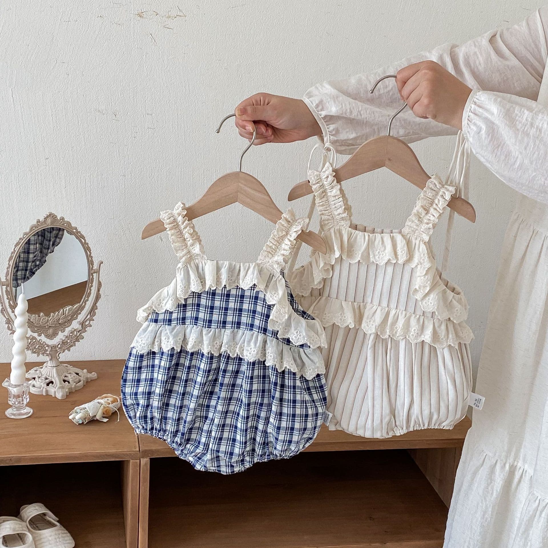 New Summer Girls' Lace Strap Romper Baby Korean Plaid Striped Bodysuit Trendy Outing Wear